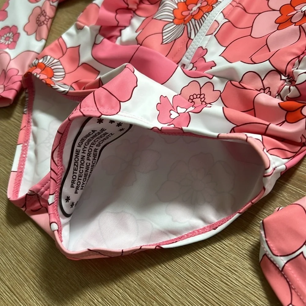 Retro Pink Floral Print Rashguard Swimsuit  18-24 months